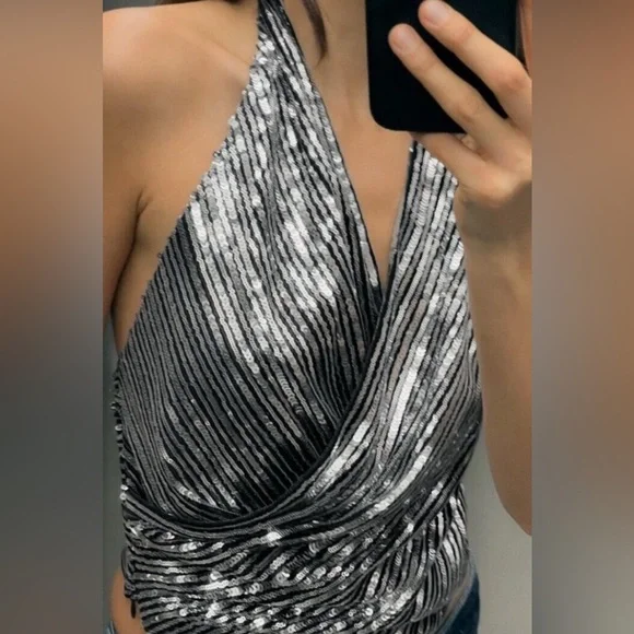 ZARA Black and Silver Sequin Halter Top size small - Picture 2 of 9